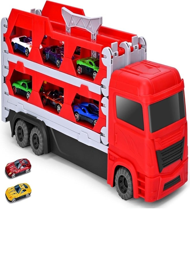 TOYVELLY مجموعة ألعاب شاحنة النقل الكبيرة من TOYVELLY مع مسارين للقذف، وحامل سيارات قابل للطي قابل للطي مع سيارتين معدنيتين، هدية للأطفال من عمر 3 سنوات فما فوق (مقطورة). - Image 1